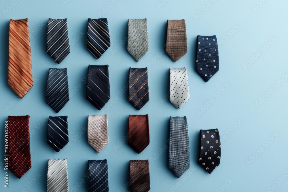 Obraz premium A neatly arranged collection of various neckties, showcasing different patterns, colors, and styles against a light background, highlighting men's fashion options.
