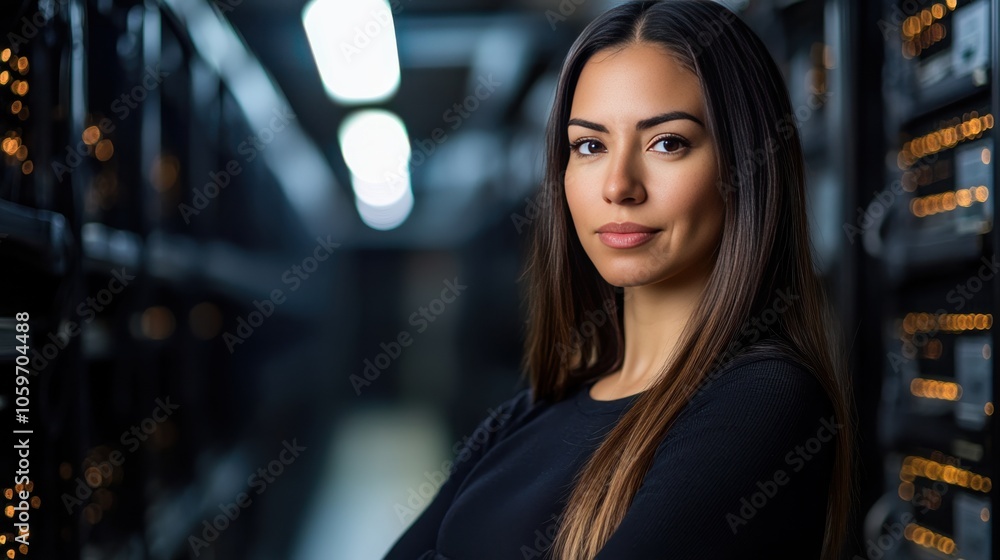 Fototapeta premium Confident Woman in Data Center: Empowering Technology and Innovation