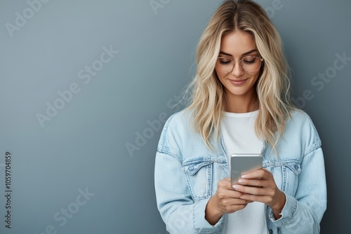 A smiling woman with glasses is seen using her smartphone, portraying a casual and relaxed atmosphere against a blank background, highlighting tech-savvy lifestyle. photo