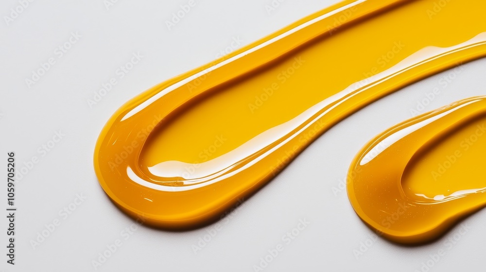 Naklejka premium A thick smear of transparent yellow ointment spread in a smooth, curving line on a crisp white surface, glossy shine accentuating the gel's texture