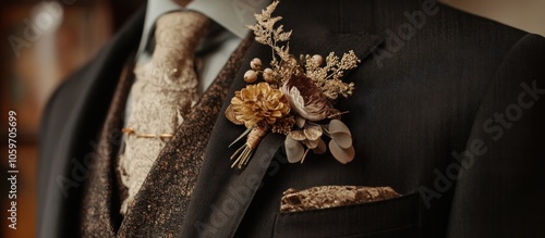 Close-up of a brown suit with a beige tie and a small dried flower boutonniere. photo