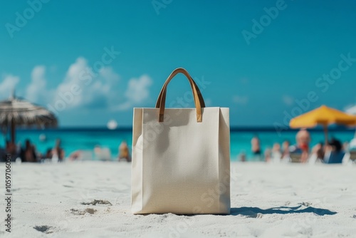 Wallpaper Mural An inviting beach scene with a stylish white bag at the center, surrounded by vibrant beach umbrellas, capturing the lively and sunny vibe of coastal relaxation. Torontodigital.ca