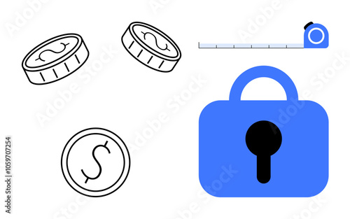 Blue lock and tape measure alongside three sketch-style coins. Ideal for financial security, digital safety, measurement accuracy, secure transactions, and economic themes. Simple vector style