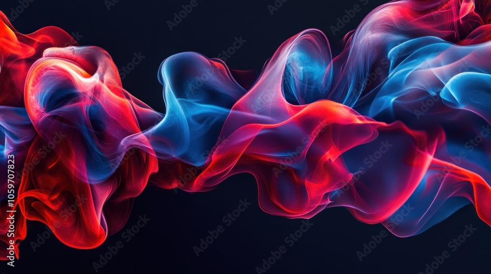 Fototapeta premium Abstract background with red and blue smoke-like shapes on a dark background.