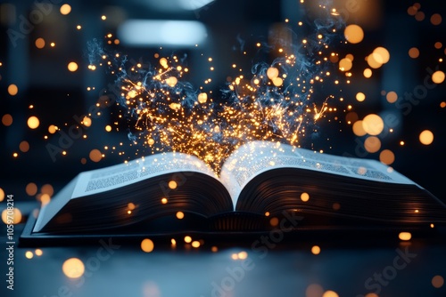 A magical array of warm, glowing sparkles arise from the open pages of a book, creating an enchanting and poetic sense of wonder and imagination. photo