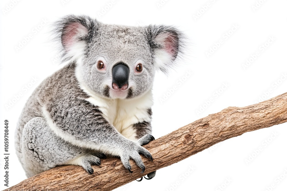 Fototapeta premium A Curious Koala Perched on a Branch, Showcasing Its Stunning Gray Fur Against a White Backdrop