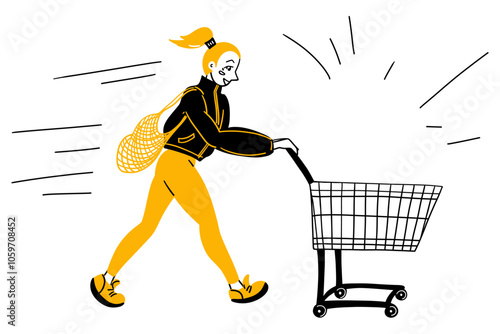 Girl hurries to supermarket for shopping with empty bag and shopping cart. Young woman in modern sportswear runs to store for purchase. Cartoon flat doodle hand drawn vector illustration isolated
