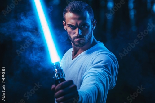 A man with a blue lightsaber demonstrates strength and creativity against a dark background in a forest setting photo