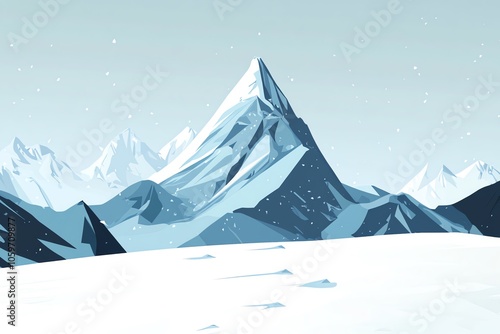 Pic montagneux avec chute de neige dans un style minimaliste géométrique.