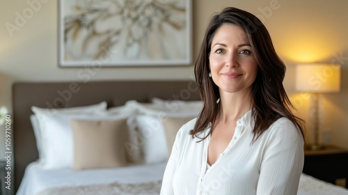 Elegant Woman in a Modern Bedroom Setting with Soft Lighting and Cozy Decor Free Download Elegant Woman in a Modern Bedroom Setting with Soft Lighting and Cozy Decor - GFXLoad