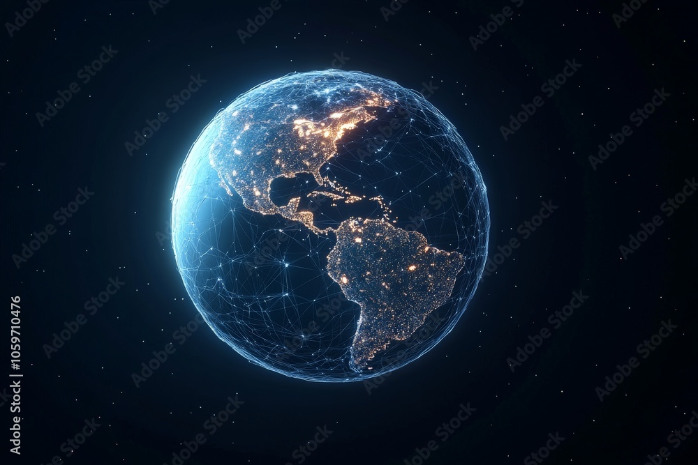 Fototapeta premium This artwork represents Earth with a grid of network overlays, symbolizing modern technological connectivity and the intricate weave of human-made systems.