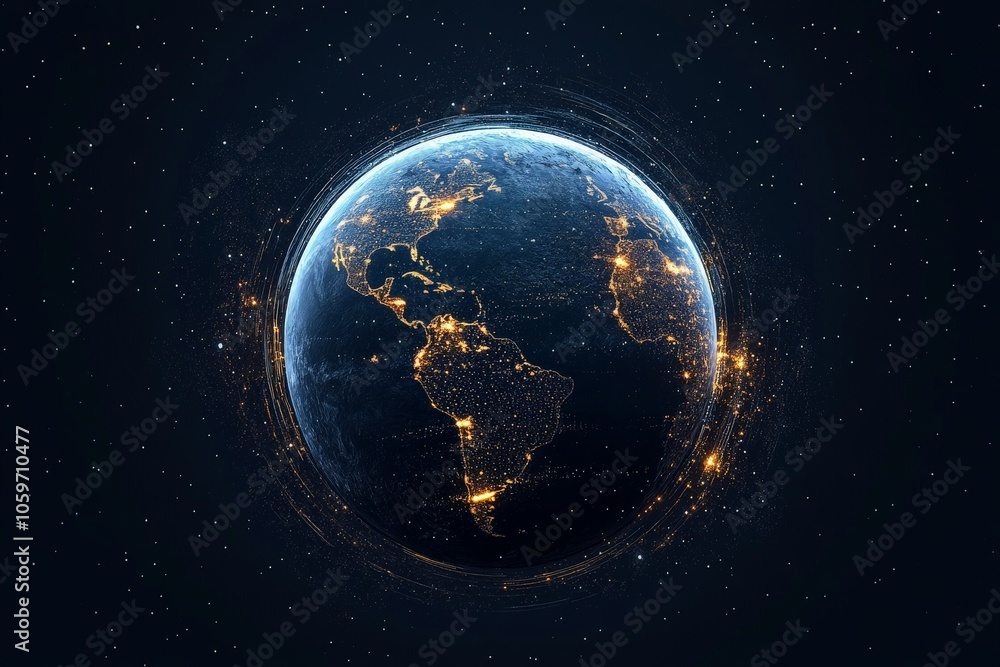 Obraz premium A celestial view of Earth, highlighting vibrant city lights across continents. The image represents unity, connectivity, and the vibrancy of human activity.
