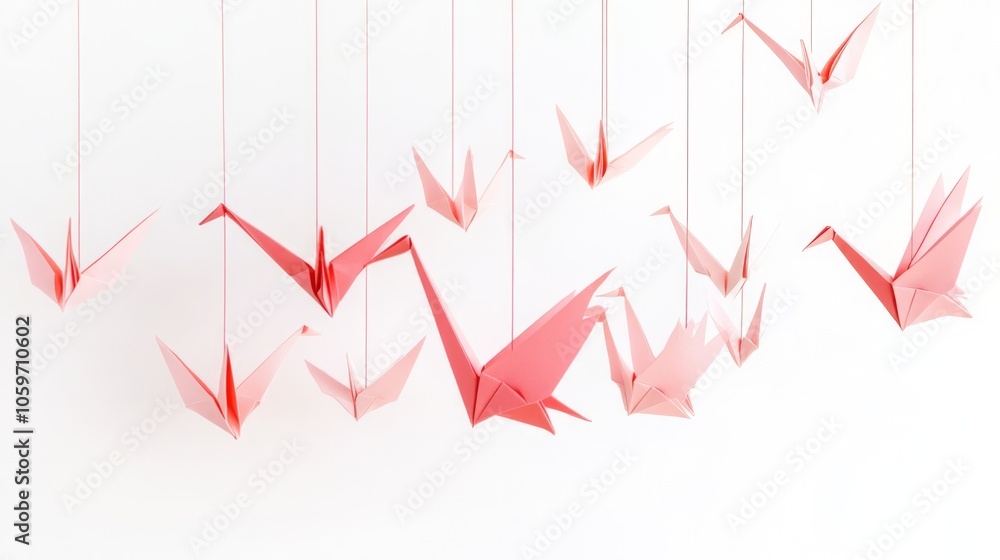 Obraz premium Delicate Pink Origami Cranes Hanging Against a White Background