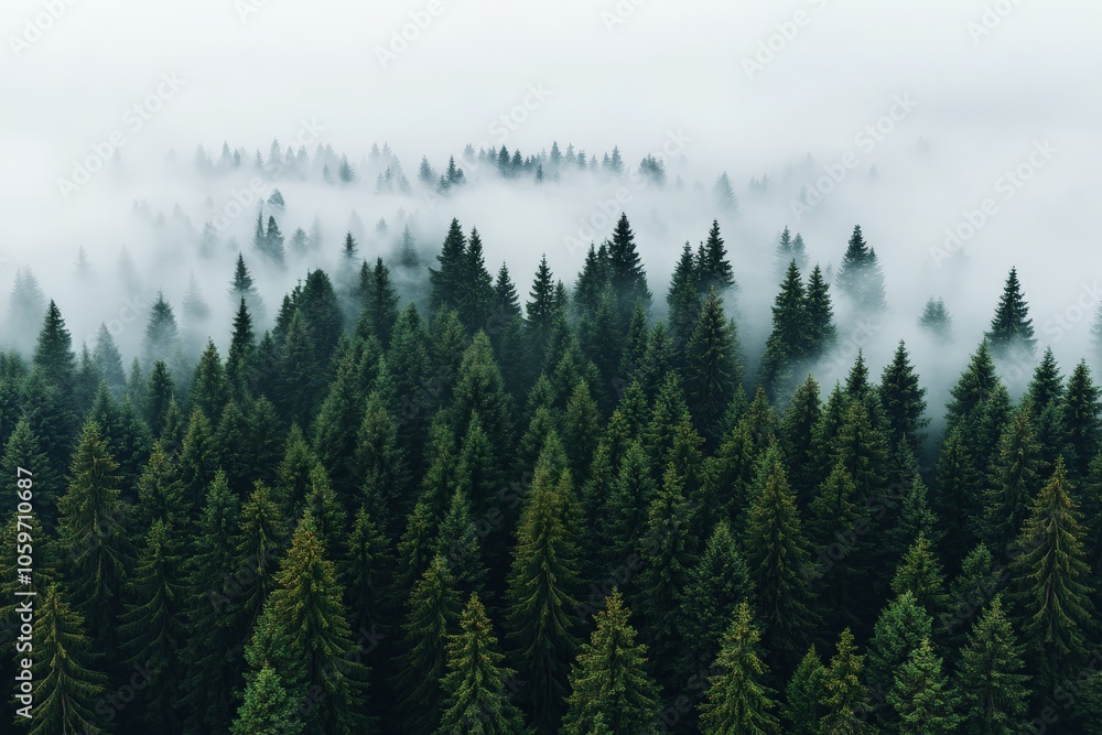 Fototapeta premium A breathtaking view of a dense coniferous forest enveloped in gentle morning mist, evoking tranquility and a deep connection to the untouched beauty of nature.