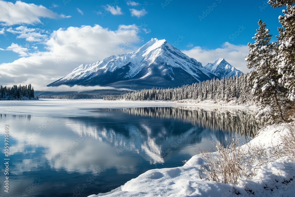 Obraz premium Lac Maligne dans le Parc National de Jasper avec reflets des montagnes en hiver.