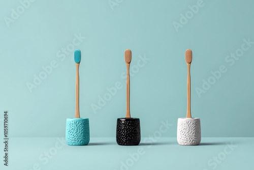 Three eco-friendly bamboo toothbrushes stand in uniquely textured holders, highlighting sustainable, stylish choices for modern-conscious consumers in vibrant colors. photo