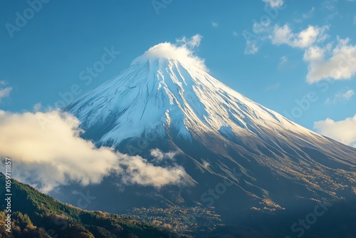 Mont Fuji majestueux couvert de neige sous un ciel bleu au Japon.