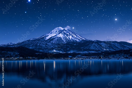 Mont Fuji sous un ciel étoilé avec reflets des lumières du village dans le lac Kawaguchi. photo