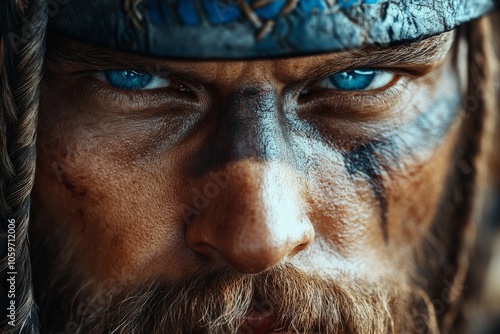 A fierce warrior with vivid blue eyes and a well-worn face, accented by striking black war paint, embodies bravery and focus amidst a battle-hardened setting.