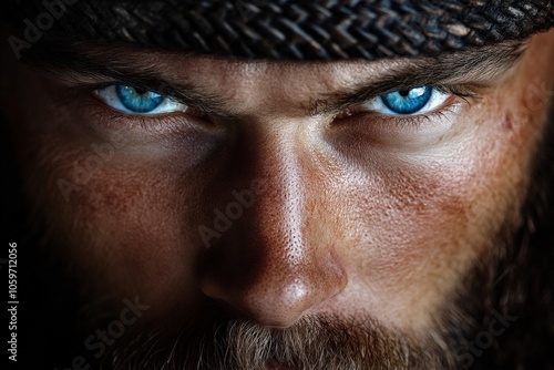 The intense close-up of bright blue eyes under a chain mail helm of a Viking warrior captures the viewer through sheer determination and piercing focus. photo