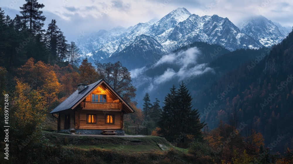 A cozy wooden cabin with lit windows sits on a hillside overlooking a majestic snow-capped mountain range at dusk. A cozy wooden cabin with lit windows sits on a hillside overlooking a majestic snow-capped mountain range at dusk.