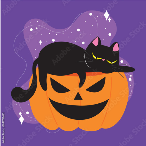 Black cat lounging on a jack-o'-lantern pumpkin, Vector