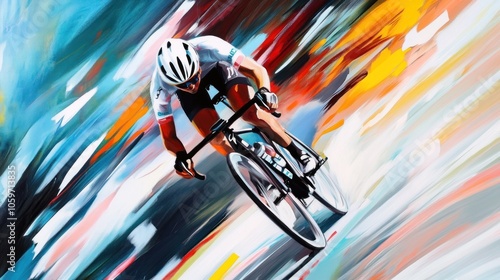 An abstract painting of a cyclist racing through colorful blurred streaks. photo