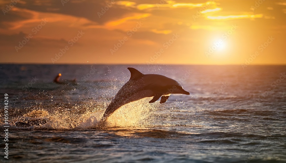 Fototapeta premium Dolphin Jumping at Sunset over Ocean