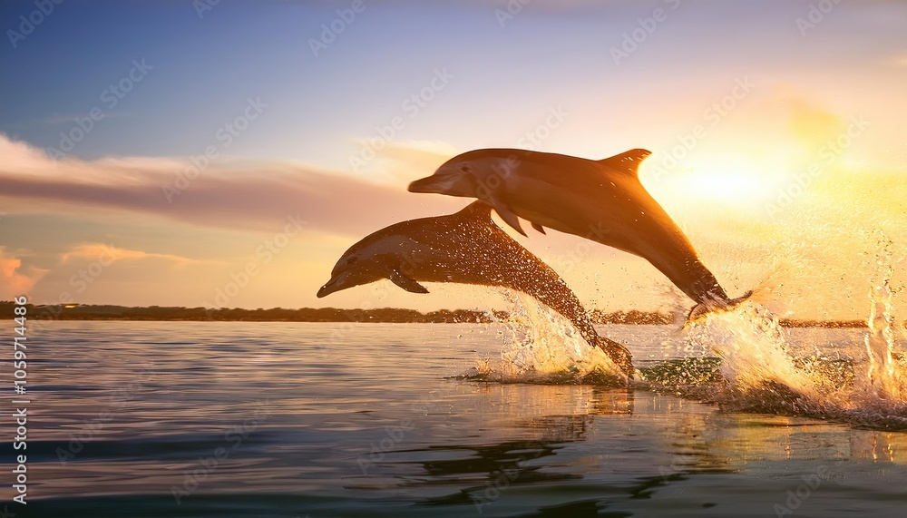 Fototapeta premium Dolphins Jumping Joyfully at Sunset