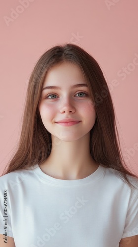 Wallpaper Mural Young Woman with Long Hair Smiling Against a Pink Background Torontodigital.ca