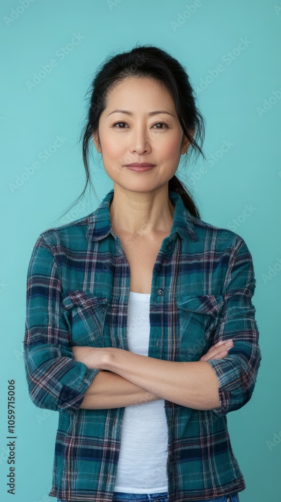 Fototapeta premium Confident Woman in Plaid Shirt Against Blue Background
