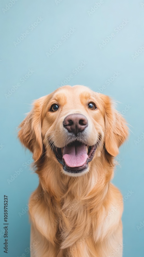 Happy Golden Retriever Portrait Against Blue Background