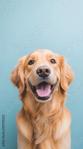 Obraz na płótnie Happy Golden Retriever Portrait Against Blue Background w salonie