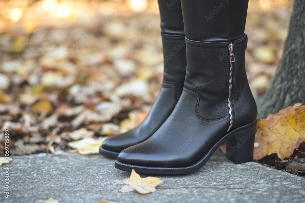 Stylish black leather ankle boots with zip detailing perfect for autumn fashion Stylish black leather ankle boots with zip detailing perfect for autumn fashion