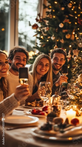 Joyful Holiday Gathering with Friends at a Christmas Dinner Table