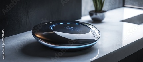 A sleek, silver, disc-shaped smart speaker with a blue light around the edge, sitting on a white countertop in a modern bathroom. photo