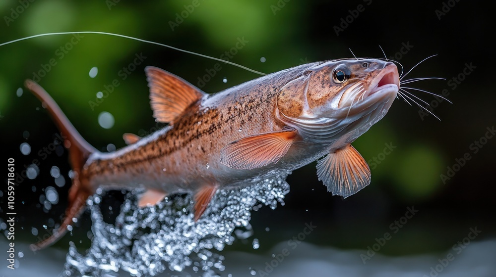 Fototapeta premium A fish jumps out of the water, caught on a line, with a blurred green background.