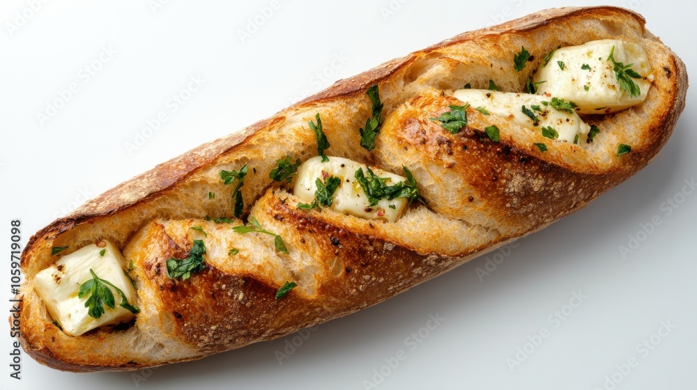 Elegant bird's eye view of traditional french baguette with herbed butter garnish Elegant bird's eye view of traditional french baguette with herbed butter garnish
