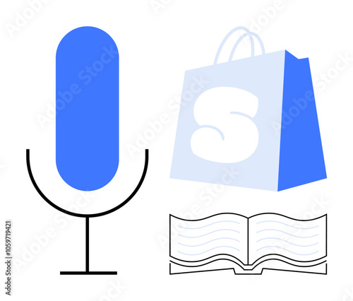 Microphone with blue top, blue shopping bag with white letter S, and open book with lines. Ideal for education, shopping, literature, voice recording, and technology themes. Simplistic vector style