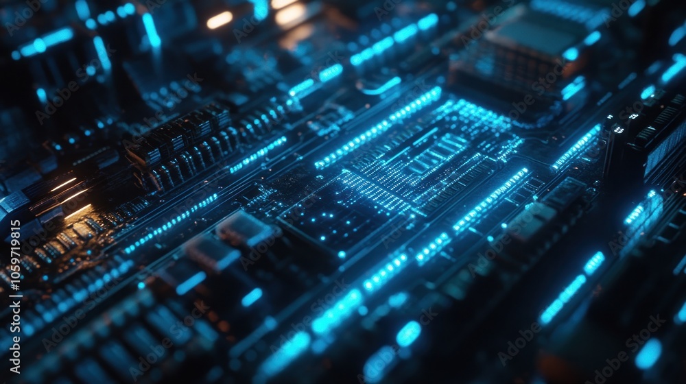 Fototapeta premium Close-up of a circuit board with glowing blue lights.