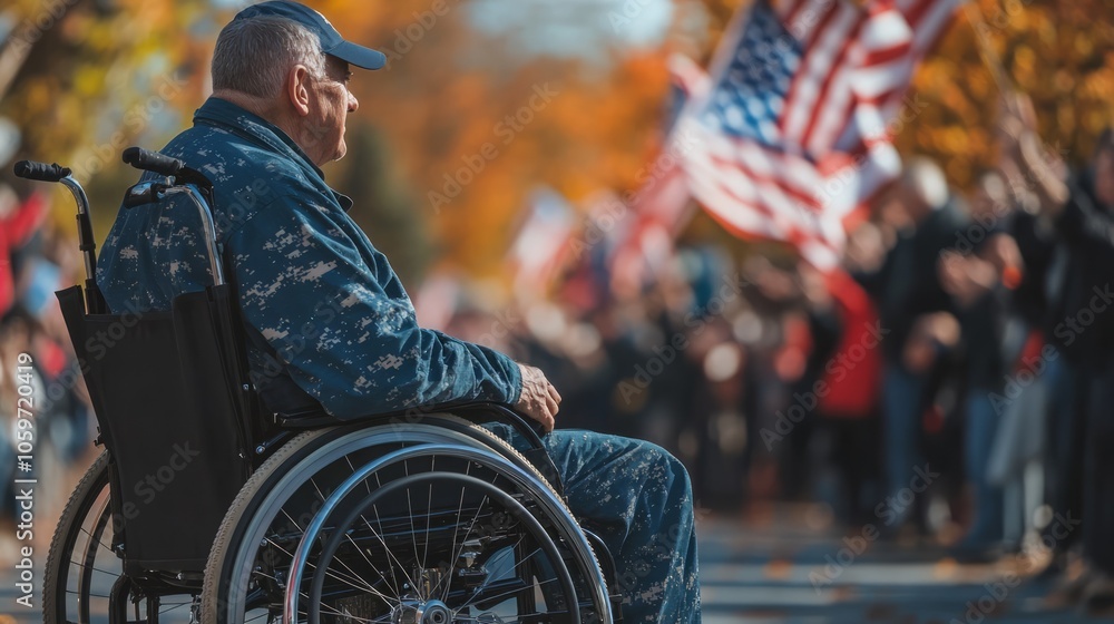 Obraz premium Veteran in Wheelchair at a Patriotic Celebration
