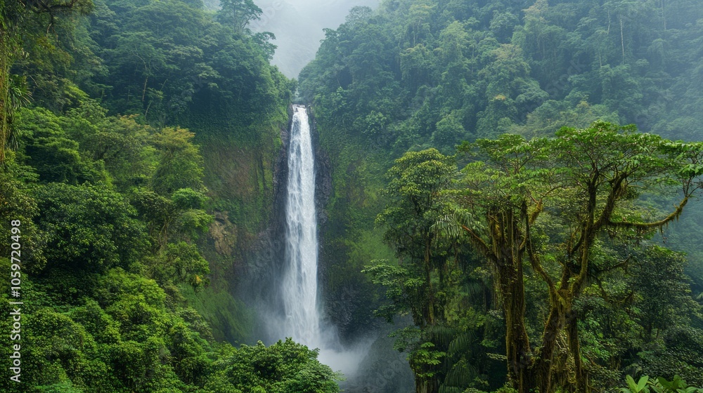 Fototapeta premium Serene Waterfall Cascading Through Lush Green Rainforest