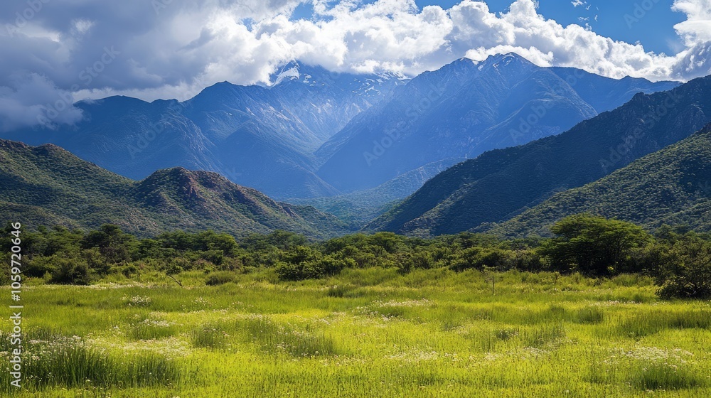 Fototapeta premium Serene Mountain Landscape Under Dramatic Clouds