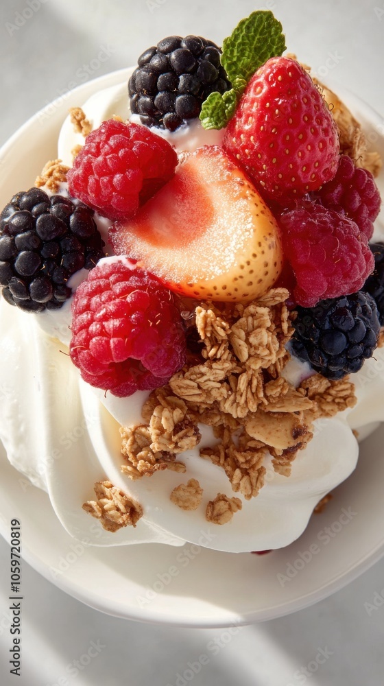 Fresh french yogurt with berries and granola for a delightful spring breakfast Fresh french yogurt with berries and granola for a delightful spring breakfast