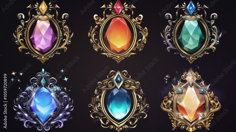 Fototapeta premium Colorful Gemstone Emblems with Ornate Borders