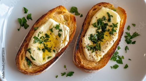 Elegant birds eye view of french cuisine with artisan bread garnished with fresh herbs photo