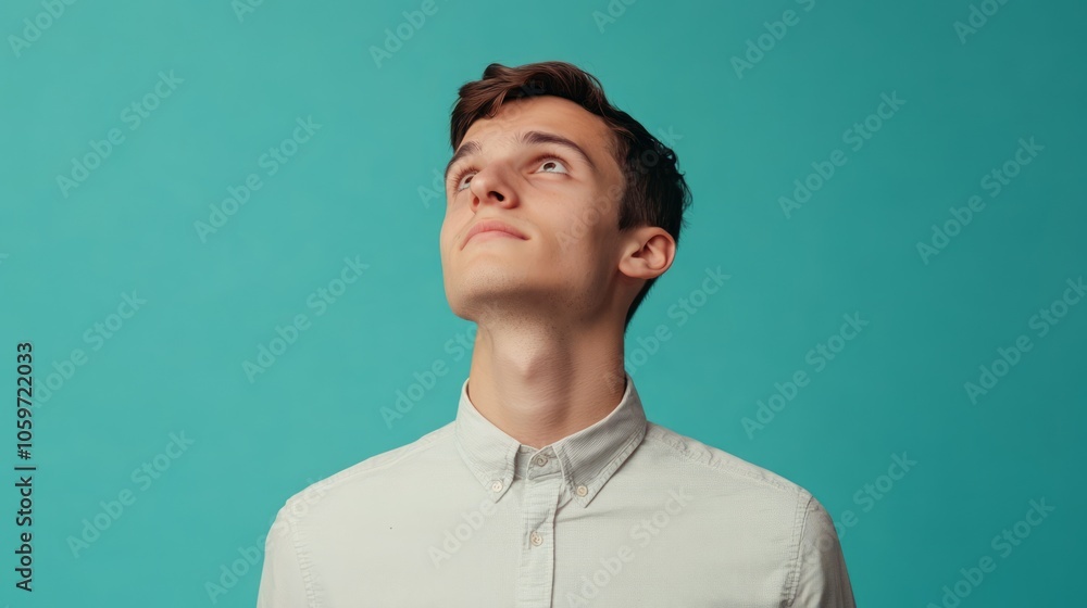 Fototapeta premium Thoughtful Young Man Looking Up Against a Turquoise Background