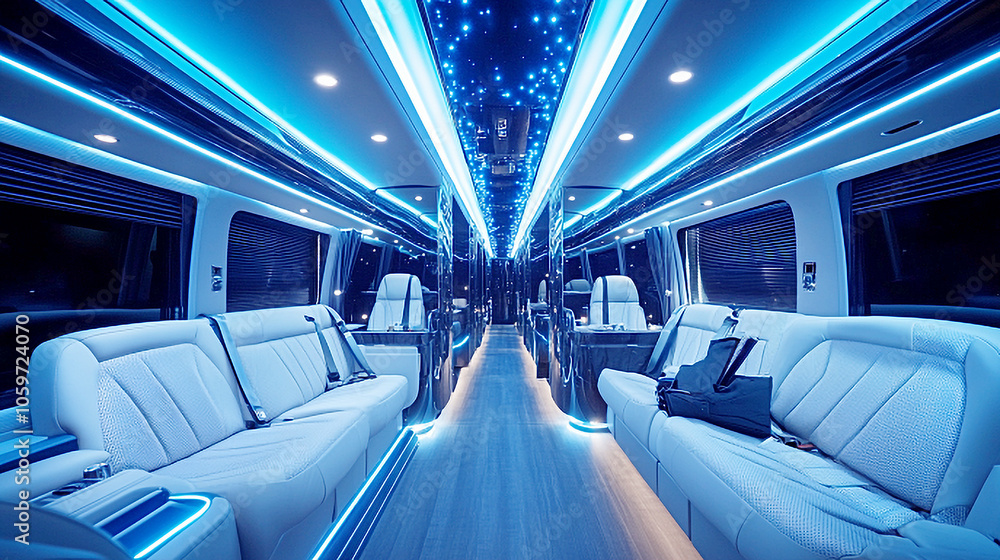Fototapeta premium Luxurious Interior of VIP Bus with Ambient Blue LED Lighting, Comfortable Leather Seating, and Modern Amenities for High-End Travel and Exclusive Transportation Experience