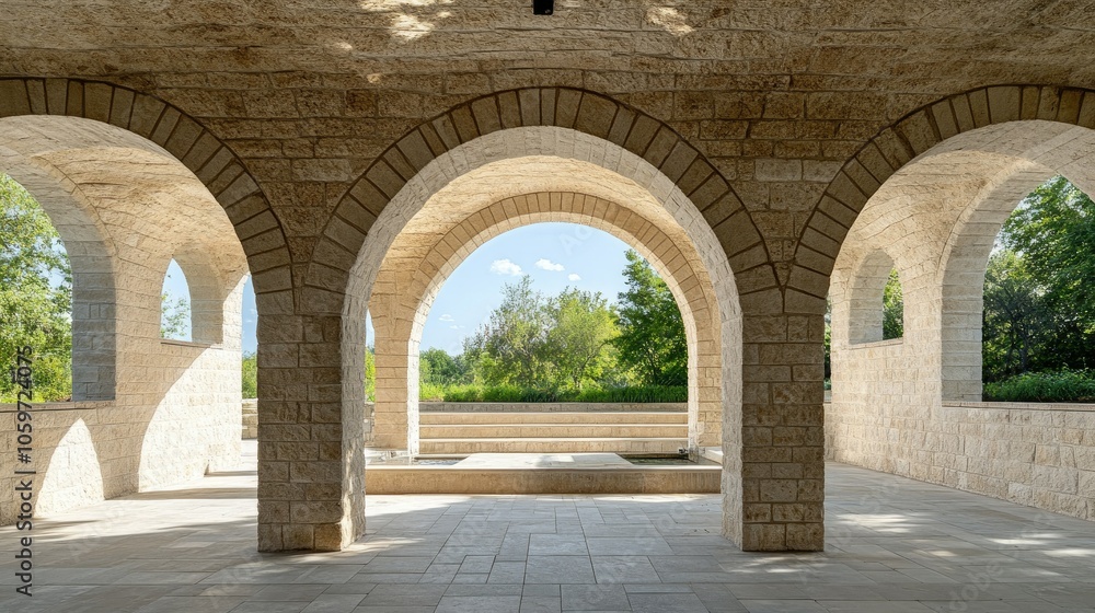 Obraz premium Romanesque stone structure with rounded arches, textured stone walls, large sky area