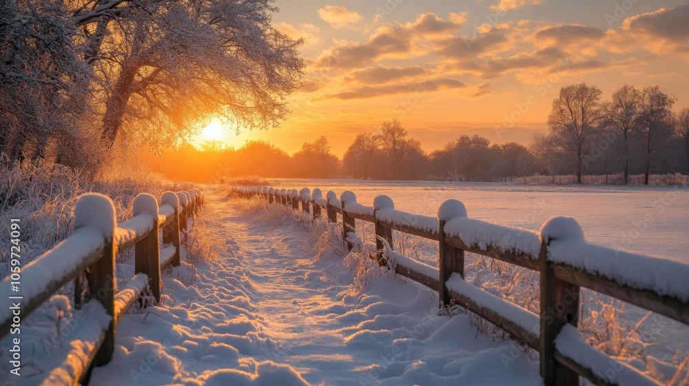 Fototapeta premium The golden hues of sunset cast a warm glow over a snow-laden pathway lined with a wooden fence, creating a peaceful winter atmosphere.